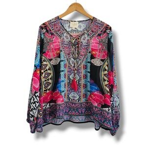 ASA Kaftans Top XXL Women Colorful Pink‎ Floral Boho Tassel Resort Artsy Cruise
